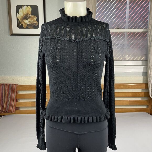 Industry Republic Clothing Ruffle Knit Mock Neck Sweater Women's Med Sheer Black - Picture 2 of 16